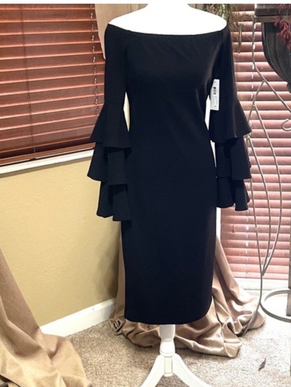 Off-Shoulder Black Midi Dress with Tiered Bell Sleeves